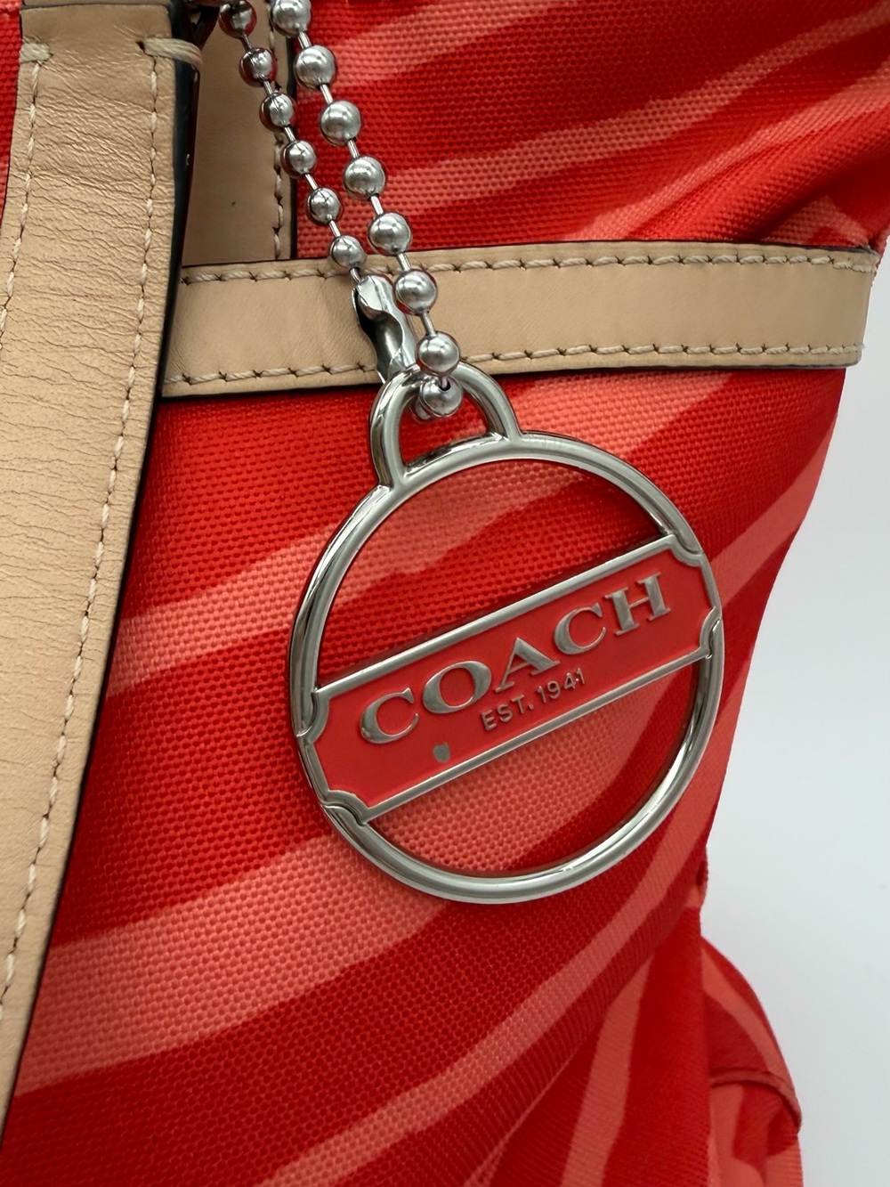 Coach Red Zebra-Print Tote with Tan Leather Trim and Logo Charm this is used! - Picture 3 of 13